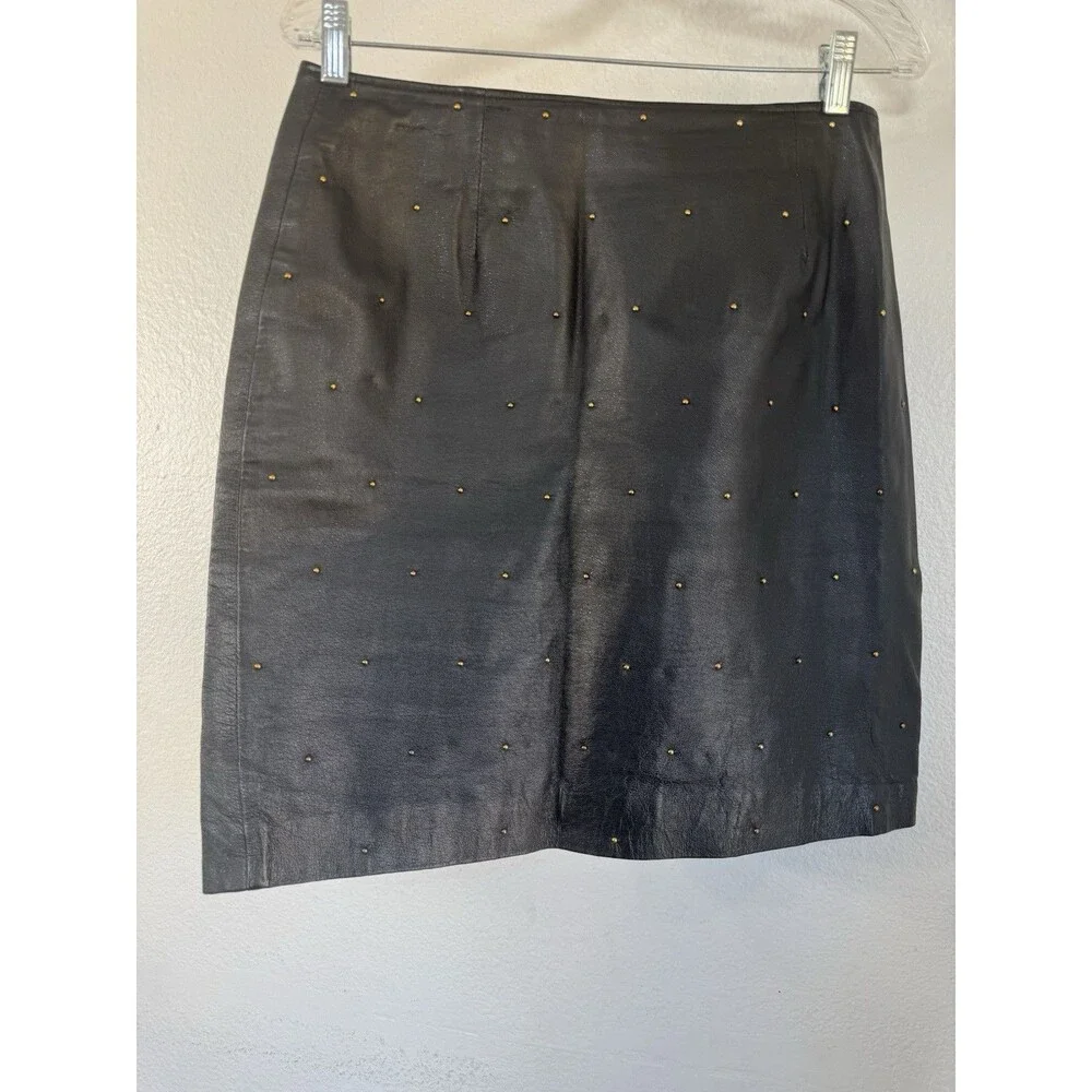 Vintage 90s David Benjamin Genuine Leather Midi Skirt with Studs Women's Size 14 - Picture 1 of 6